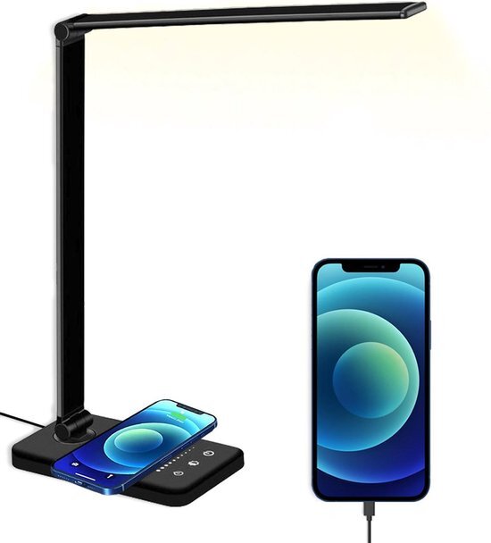 Vivid Green Bureaulamp Led - Leeslamp Staand - Leeslampje voor Boek - Wireless Charger - Draadloze Oplader - Dimbaar - Desk Lamp