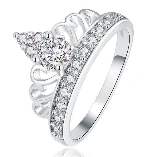 LGT JWLS Lookinggoodtoday Dames Ring Verzilverd met Kroon en Zirkonia Stenen-16mm