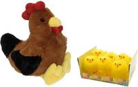 Decoris Pluche bruine kippen knuffel - 25 cm - met 6x stuks mini kuikentjes 6.5 cm - Paas/pasen decoratie