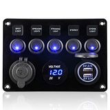 Geloo Schakelpaneel met 5 Versnellingen, 12 V/24 V Tuimelschakelpaneel IP65 Waterdicht led-voltmeter Dubbele USB Oplader voor Auto, Boot, Camper, Vrachtwagen, Caravan, Voertuigen (blauw)