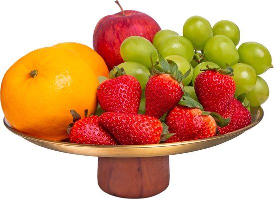 QUVIO Taartplateau op voet - Etagère - Serveerbord - Decoratieve opbergschaal - Decoratief - Metaal - Hout - 22x8 cm - Goud