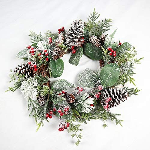 SHATCHI Kerstkrans - 60 CM - Groen - Kunstsneeuw, Bloemen, Pinecones & Bessen - Kerstversiering