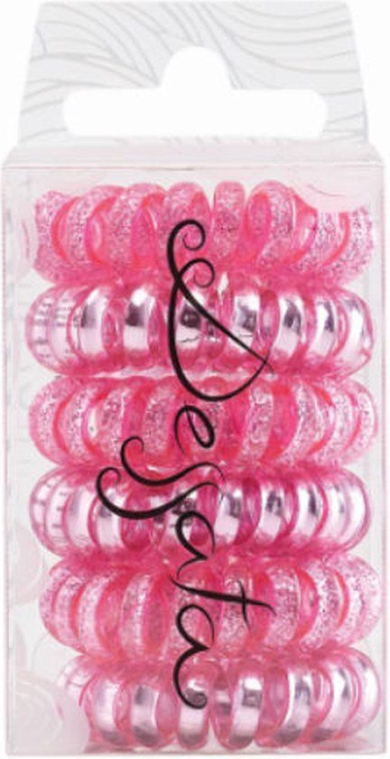 DESSATA Glitter + metal fuchsia hair ties - 6 pieces - Pink