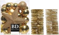 Shoppartners Bv décorations de Noël boules de Noël en plastique 5-6-8 cm avec étoile et guirlandes de papier aluminium lot doré de 35 pièces - Décorations de sapin de Noël