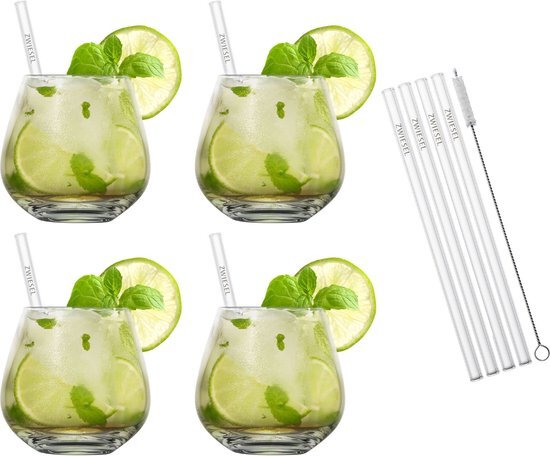 Schott Zwiesel After Work Drinks Set - 4 bekers, 4 rietjes, 1 katoenen borstel gemaakt van machinaal geblazen glas, 130015