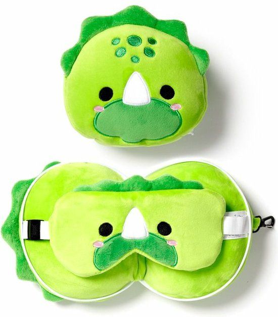 Puckator Relaxeazzz Dinosaurus knuffel/reiskussen/slaapmasker - 2-in-1 set - groen