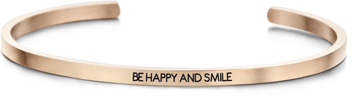 Key Moments Stalen open bangle met tekst - be happy and smile - zirkonia - rosÃ©kleurig