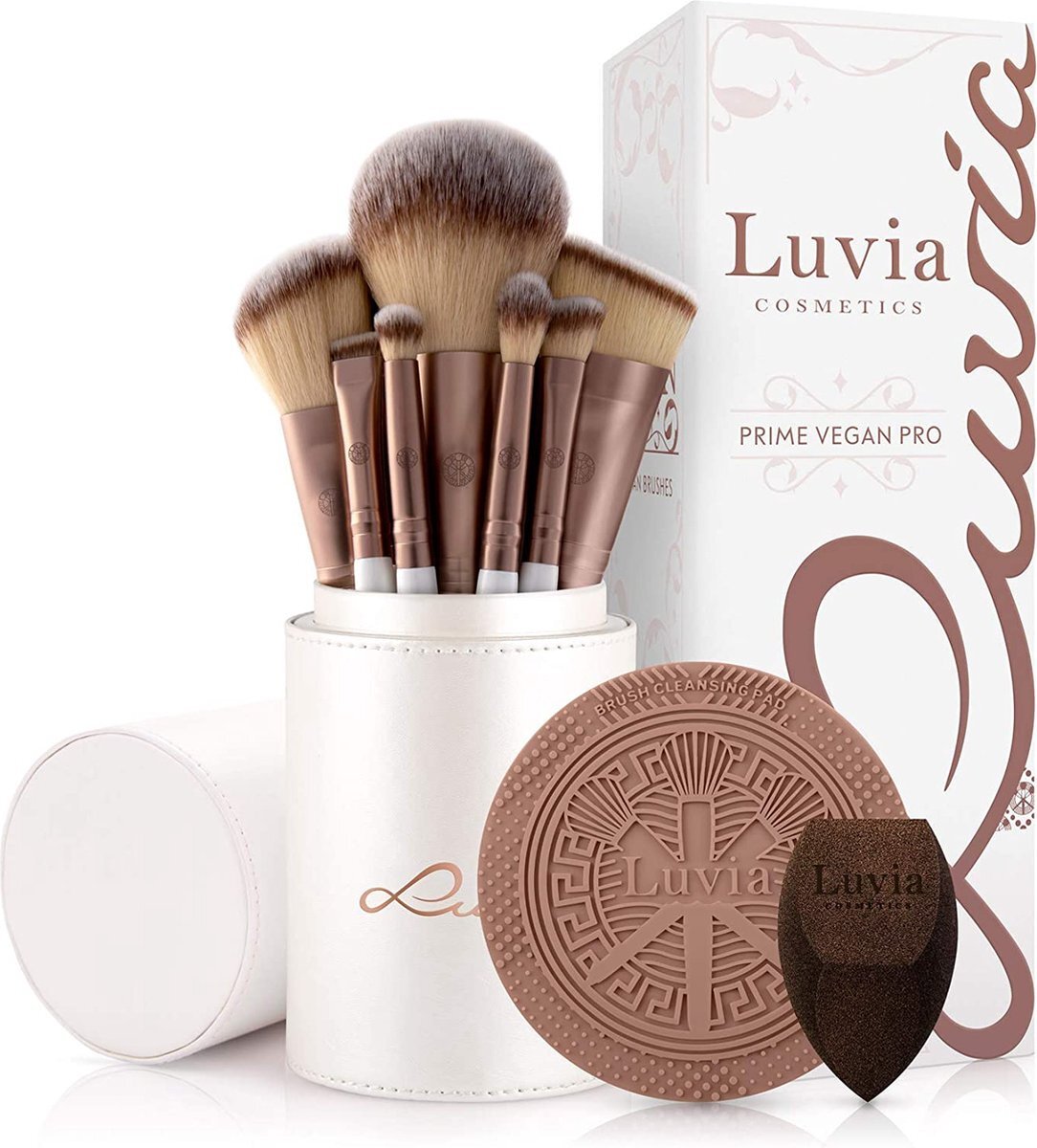 Luvia Cosmetics Luvia, Prime Vegan Pro, make-upkwastenset, 12 make-upkwasten, inclusief borstelopslag, blender spons en reinigingsmat voor cosmetische kwasten, parelmoer en koffie