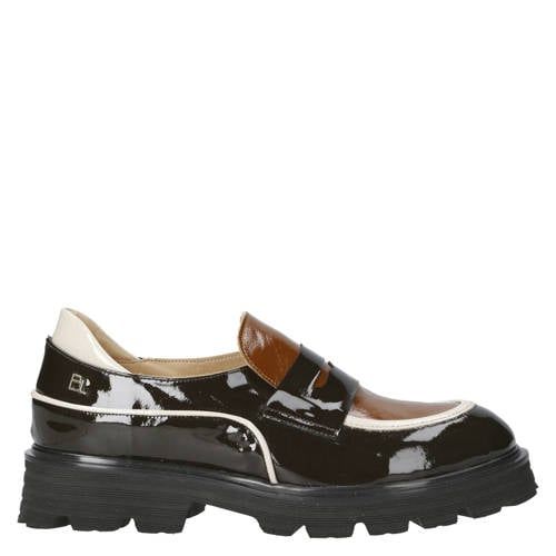 Babouche Evita-12 chunky lakleren loafers met profielzool - zwart/bruin