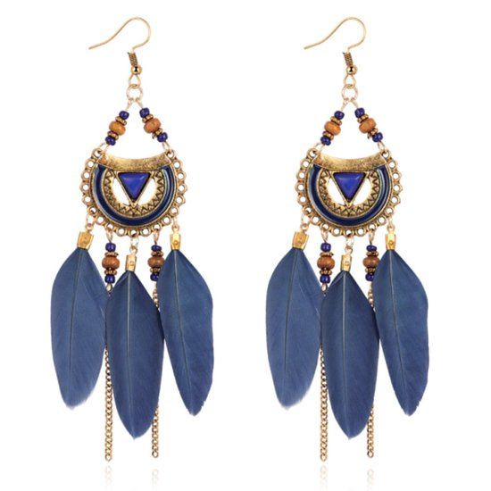 Deja Jewels Lookinggoodtoday Bohemian oorhangers rond met blauwe veren en kralen 105 mm