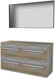 Basic-Line Framed 46 Badkamermeubelset - 120 x 46 cm - Met Grepen - 4 Lades - Wastafelblad - Spiegel met Zwart Aluminium Frame - Scotch Oak