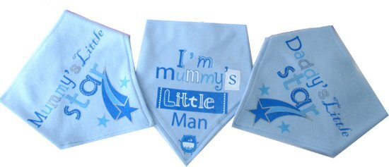 Soft Touch Babywear Baby bandana slabbers blauw met leuke teksten - kwijlslabber - set van 3 stuks - dubbellaags katoenen tricot blauw