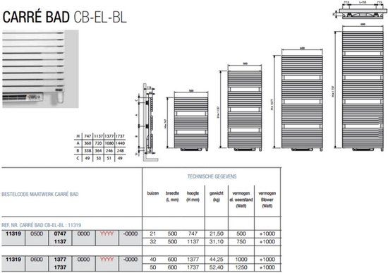 Vasco Carre cb-el-bl elektr.radiator m/blower 500x747 n50 1500w, wit ral 9016