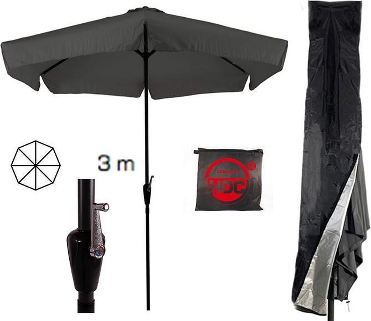 COVER UP HOC Parasol Gemini - Grijs - 3m - stokparasol - Grijze Parasol met Redlabel Parasolhoes