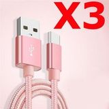 Little Boutik X3 Kabel Metaalversterkt Nylon oplader USB/Type C 1,5m Gevlochten Kleur Roze Compatibel Samsung LG Sony Wiko Blackberry Motorola Asus Huawei Honor Archos TEENO X3 Little Boutik®