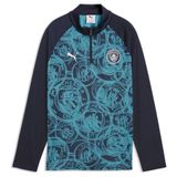 PUMA Manchester City Maillot d'entraînement avant-match fermeture éclair 1/4 - Deep Navy/Bleu tropical Enfant - YXS/116 cm