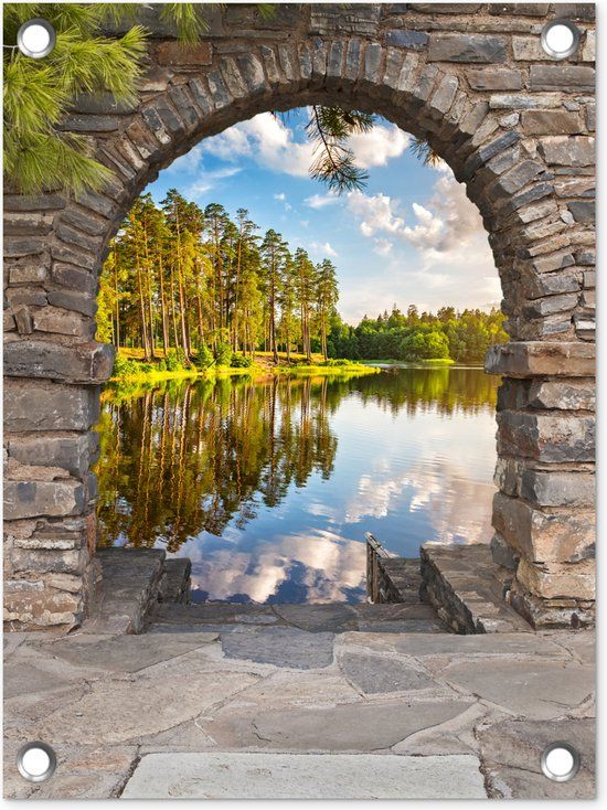 GreatGardenPosters Tuinposter Doorkijk Meer Bomen Bos Water - 30x40 cm - PVC Kunststof - Rechthoek - Buiten