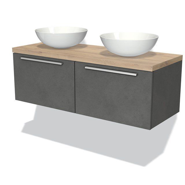 Maxaro Badkamermeubel Modulo Plato 120cm Donkergrijs Beton 2 Lades Lichtbruin Eiken