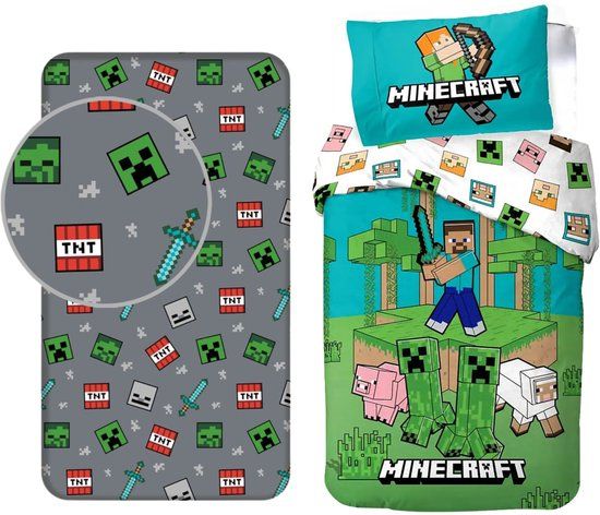 4KidsOnly Minecraft dekbedovertrek + hoeslaken, Eenpersoons, Katoen, Meerkleurig