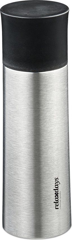 Merkloos thermosfles met drinkbeker - 400 ml - dubbelwandig - lekvrij - zilver/zwart