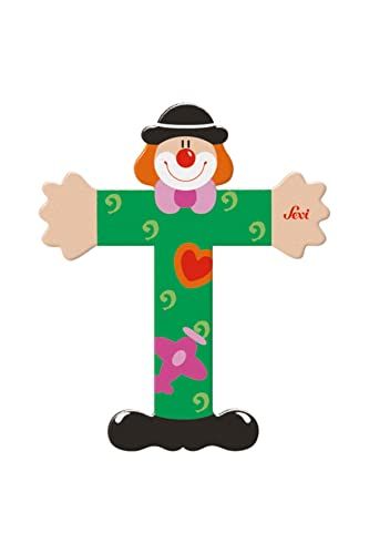 SEVI 81756 Letter T hout 10 cm deurletters kinderkamer alfabet ABC houten educatief speelgoed voor kinderen vanaf 3 jaar clownletter groen ca. 10 x 7,5 cm