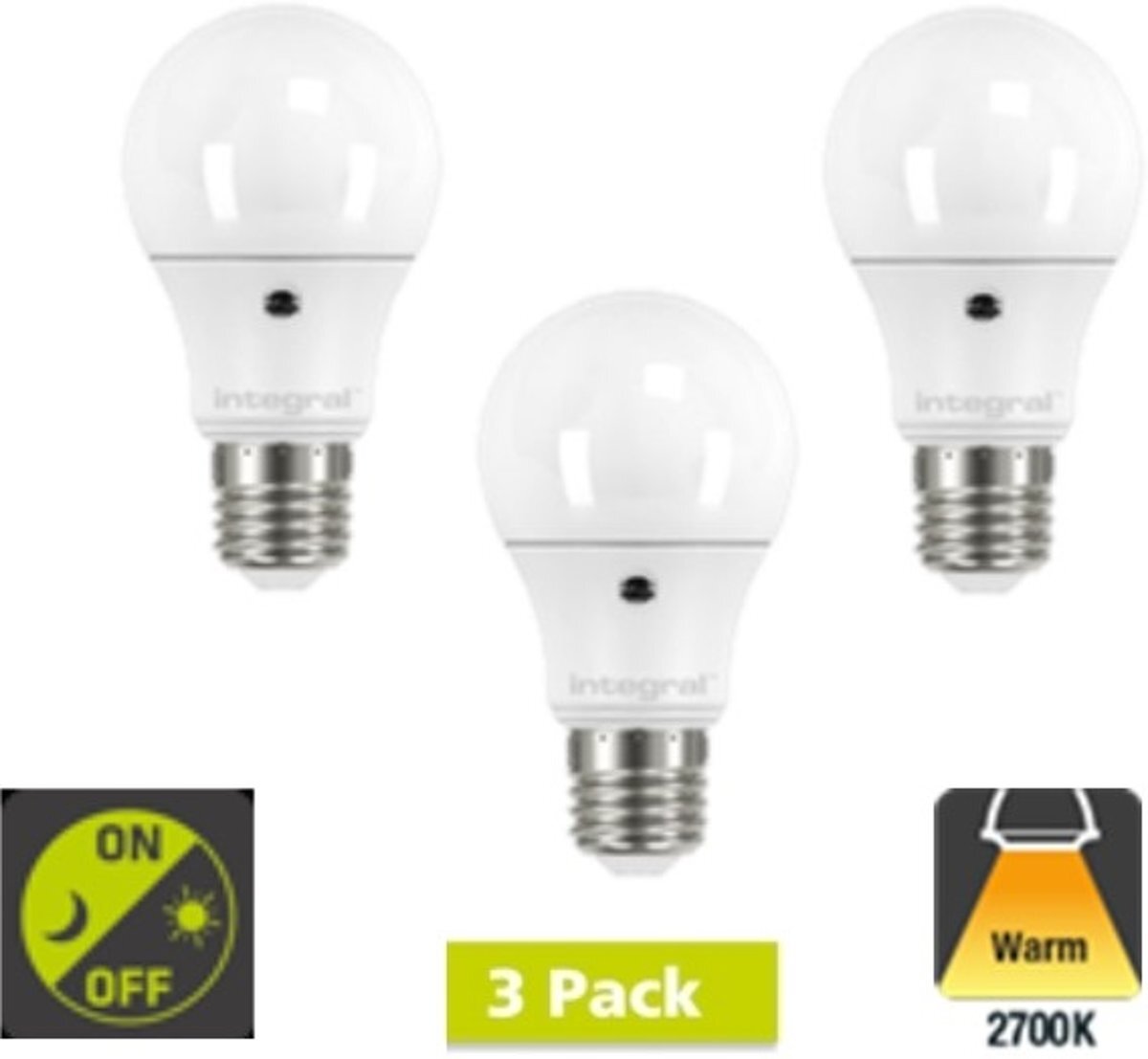 Integral 3 Pack - E27 Day/Night Auto Sensor LED Lamp, 2700K, 9,5W, 806 Lumen, non dimmable