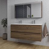 Saniclass Chaci Badkamermeubelset - 120x46x55cm - keramische wastafel wit - 2 wasbakken - 2 kraangaten - 2 lades - spiegelkast - noten