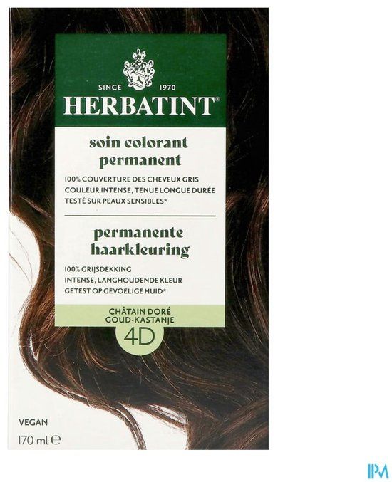 Herbatint Haarverf - Permanente Vegan Haarkleuring - Natuurlijke haarkleuring - 100% grijsdekking - Zonder gebruik van ammoniak - 4D Goud Kastanje – 170 ml