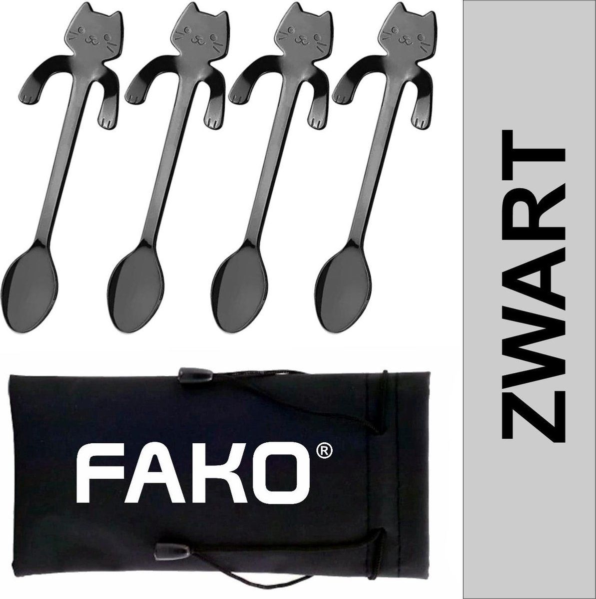 Fako Bijoux Theelepel / Koffielepel Hangende Kat - Zwart - 4 Stuks