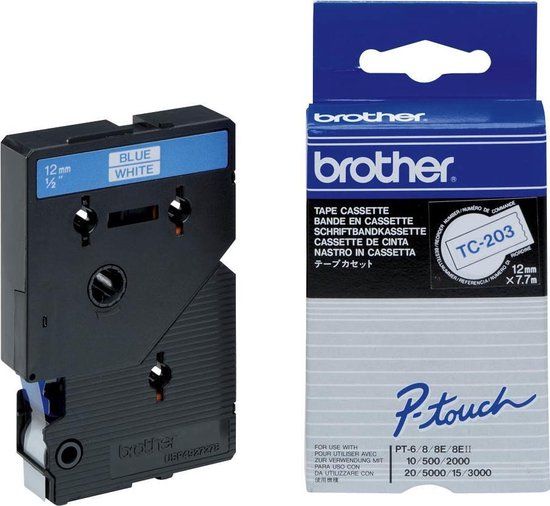 Brother Labeltape 12mm - TC-203 - Blauw/Wit