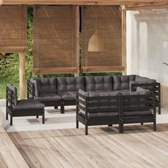 The Living Store Loungeset - Grenenhouten tuinmeubelen - Zwart - Hoekbank 63.5x63.5x62.5cm - Middenbank 63.5x63.5x62.5cm - Kussens inclusief