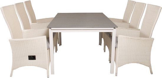 Levels tuinmeubelset tafel 100x160/240cm en 6 stoel Padova wit, grijs.