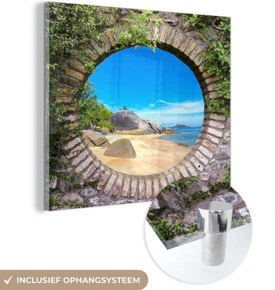 MuchoWow® Glasschilderij 20x20 cm - Acrylglas Schilderij - Zomer Strand Doorkijk - Vierkant
