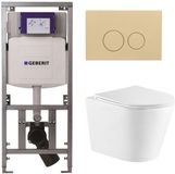 QeramiQ Dely Toiletset - 36.3x51.7cm - diepspoel - rimless - Geberit UP320 inbouwreservoir - met Burda frame - softclose toiletzitting - bedieningsplaat beige - ronde knoppen - mat wit