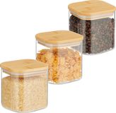 Merkloos Relaxdays voorraadpot set van 3 - vierkant - glas - 600 ml - bamboe deksel - luchtdicht