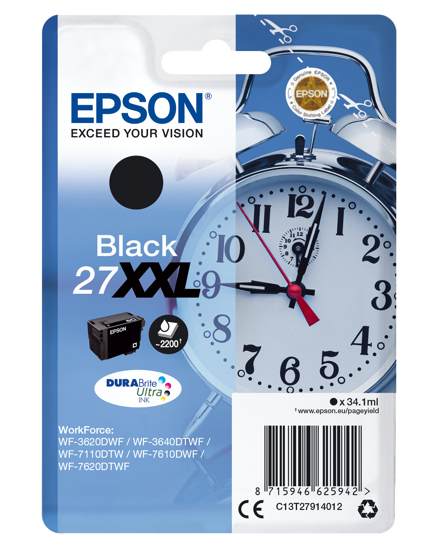 Epson Alarm clock Singlepack Black 27XXL DURABrite Ultra Ink single pack / zwart