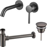 Fortifura Calvi Wastafelkraanset - inbouw wastafelkraan - always open plug - design sifon - PVD - geborsteld gunmetal (antraciet)
