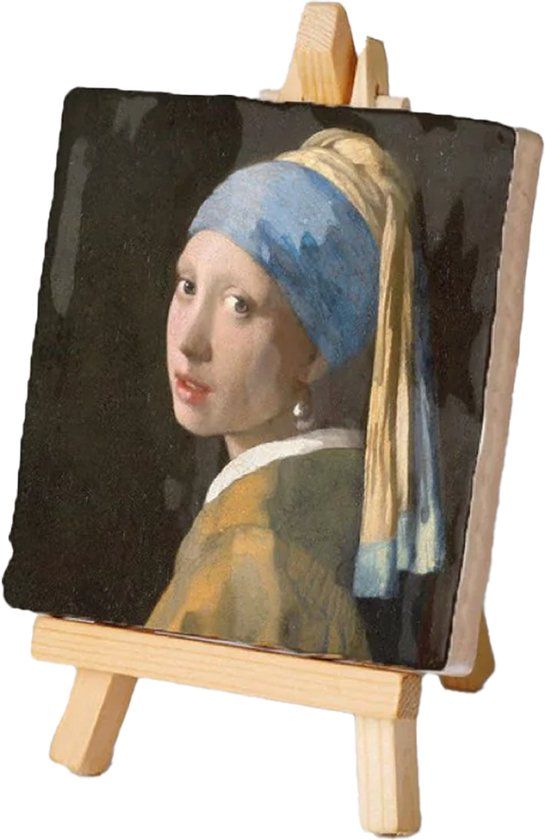 Kunsttegeltje.nl Mini schilderij tegeltje Vermeer - Meisje met de Parels - Kunst Schilderijtje met houten ezeltje - 10x14 cm