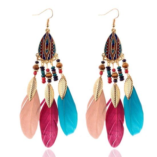 LGT JWLS Etnische Oorbellen met Kralen en Veren - Multicolor