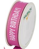 Halbach Zijden linten cadeaulint "Happy Birthday" | breedte 25 mm lengte 18 m | cadeaulint verjaardag | lint voor verjaardagsdecoratie | kleur: roze/wit