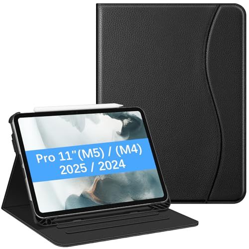 FINTIE Hoesje compatibel met iPad Pro 11 inch (2024) M4 - [Hoekbescherming] Hoes voor kijkstandaard met meerdere hoeken met zak en potloodhouder, automatische wekslaap, zwart