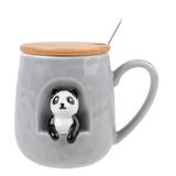 Lachineuse Panda Mok - 3D Reliëf - Little Panda - Porselein, Hout, Metaal - 380 ml - Met Deksel en Lepel