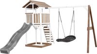 AXI Beach Tower Speeltoestel in Bruin/Wit - Speeltoren met Roxy Nestschommel, Grijze Glijbaan en Zandbak - FSC hout - Speelhuis op palen voor de tuin