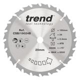 Trend Cirkelzaagblad Wood, diameter 190 mm, boring 20 mm, 24 tanden, zaaglijn 2,4 mm, haak +15°, TCT, gemiddelde afwerking, CSB/19024B