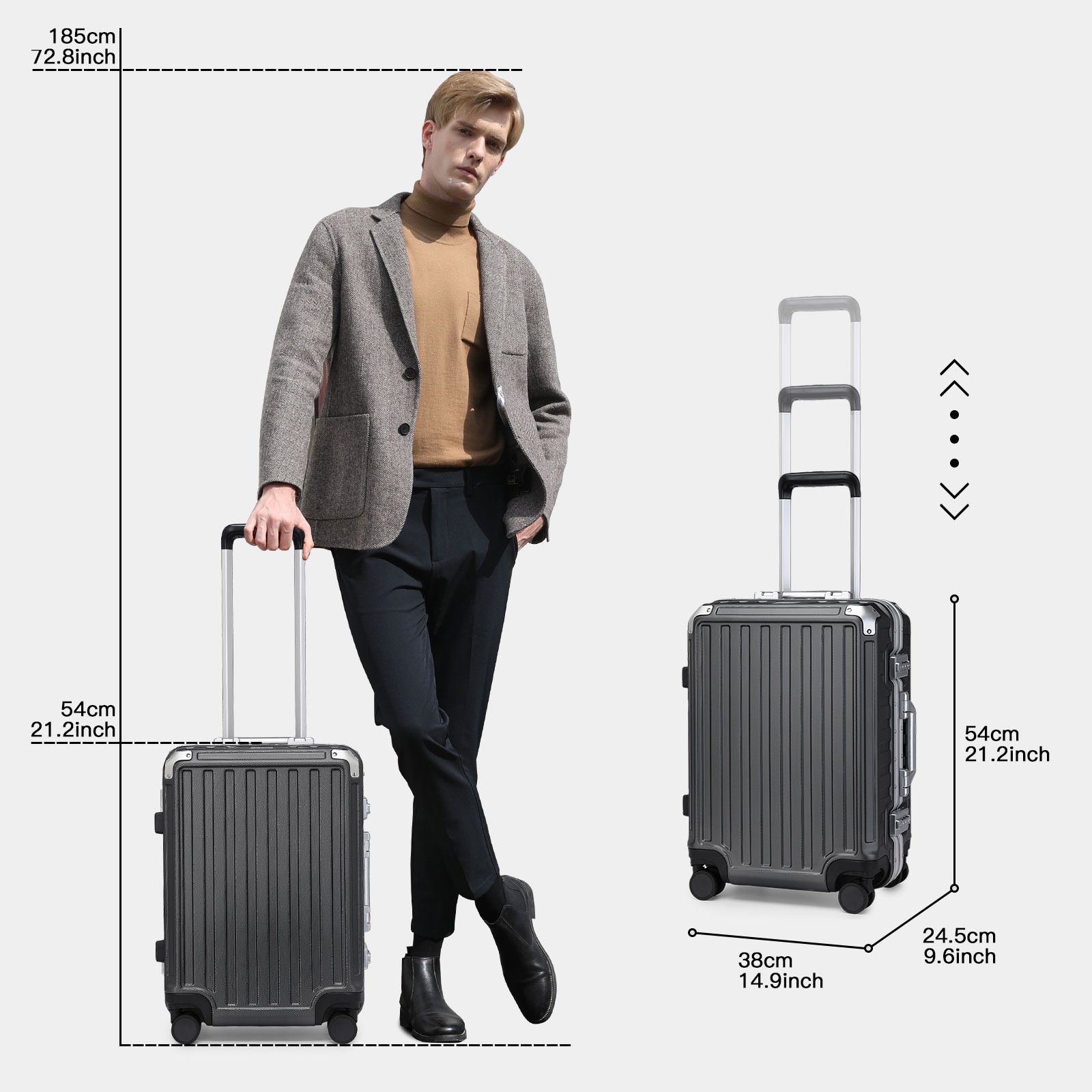 KONO Icecat Koffer met harde koffer Trolley Aluminium frame koffer PC-handbagage met 4 rollen TSA Check-in bagagekoffer Zwart