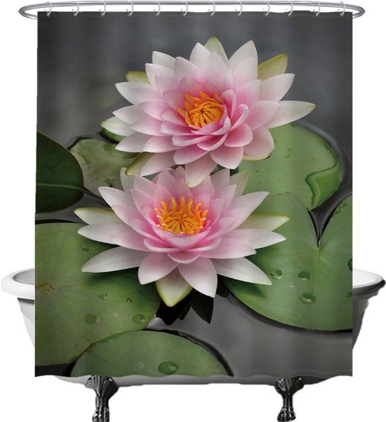 Ulticool Douchegordijn - Waterlelie Vijverplanten - 180x200cm - Roze/Groen/Grijs