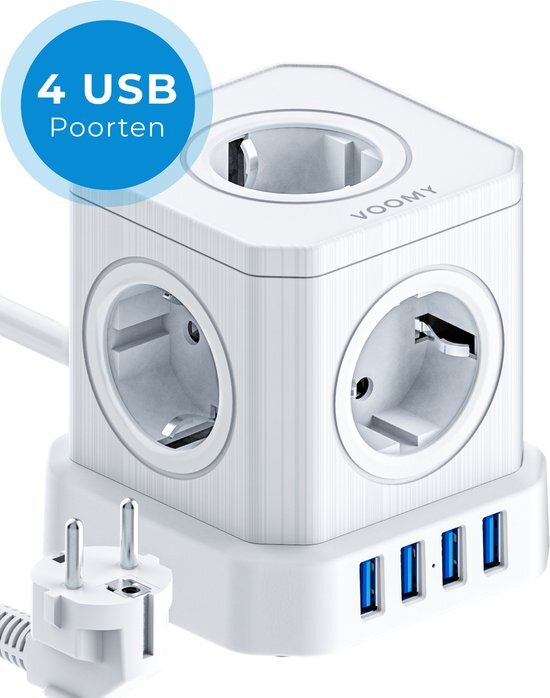 Voomy Powercube Stekkerdoos - 5-voudig - 4 USB Poorten - Wit