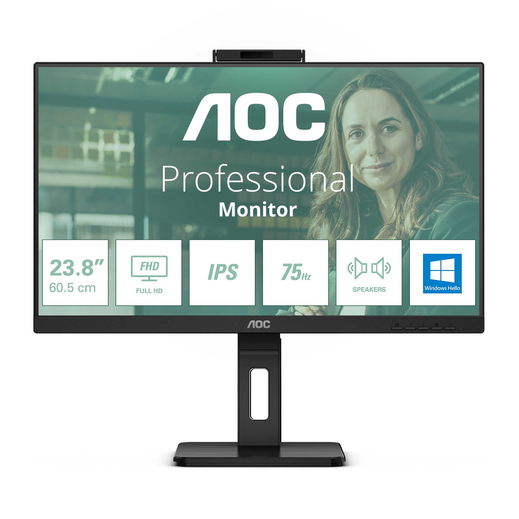 AOC 24P3CW 23.8 inch Monitor - IPS, 1920 x 1080, 75 Hz, HDMI, Speakers, Webcam, Adjustable