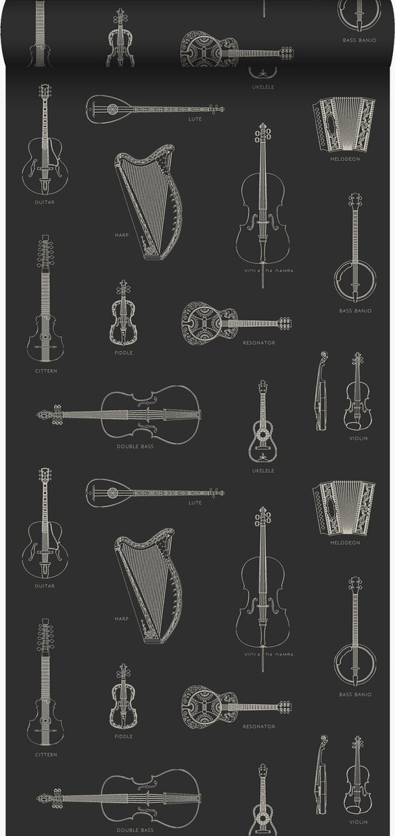 Origin Wallcoverings behang muziekinstrumenten zwart - 347450 - 53 cm x 10,05 m