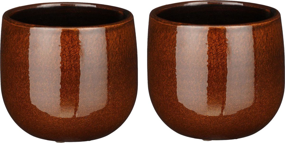 Mica Decorations - Plantenpot/bloempot - 2x stuks - keramiek - terra bruin glans/spotted - D14/H12 cm - 8720768412625
